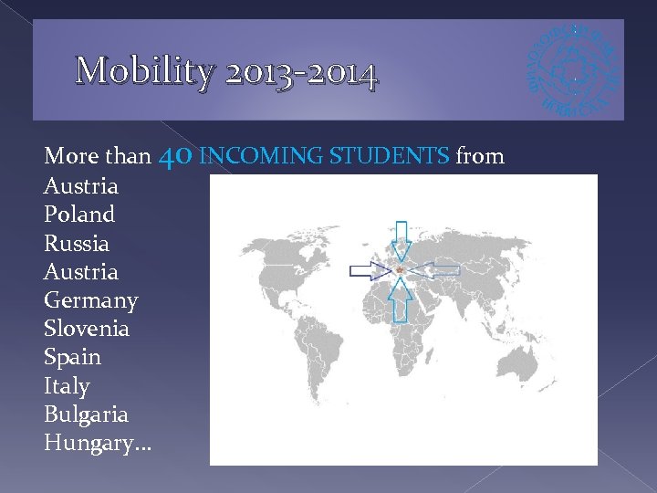 Mobility 2013 -2014 More than 40 INCOMING STUDENTS from Austria Poland Russia Austria Germany