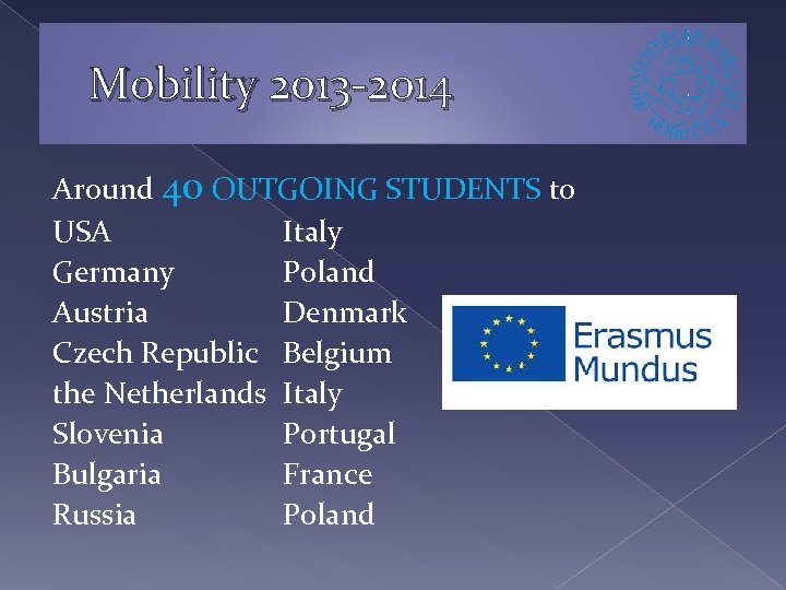 Mobility 2013 -2014 Around 40 OUTGOING STUDENTS to USA Italy Germany Poland Austria Denmark