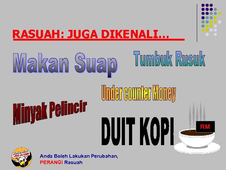 RASUAH: JUGA DIKENALI… RM Anda Boleh Lakukan Perubahan, PERANGI Rasuah 