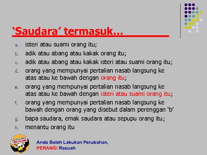 ‘Saudara’ termasuk… a. b. c. d. e. f. g. h. isteri atau suami orang