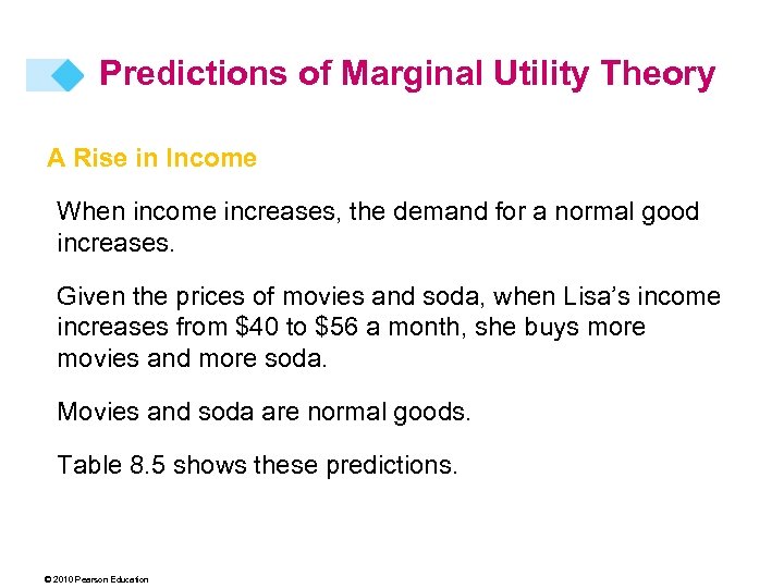 Predictions of Marginal Utility Theory A Rise in Income When income increases, the demand