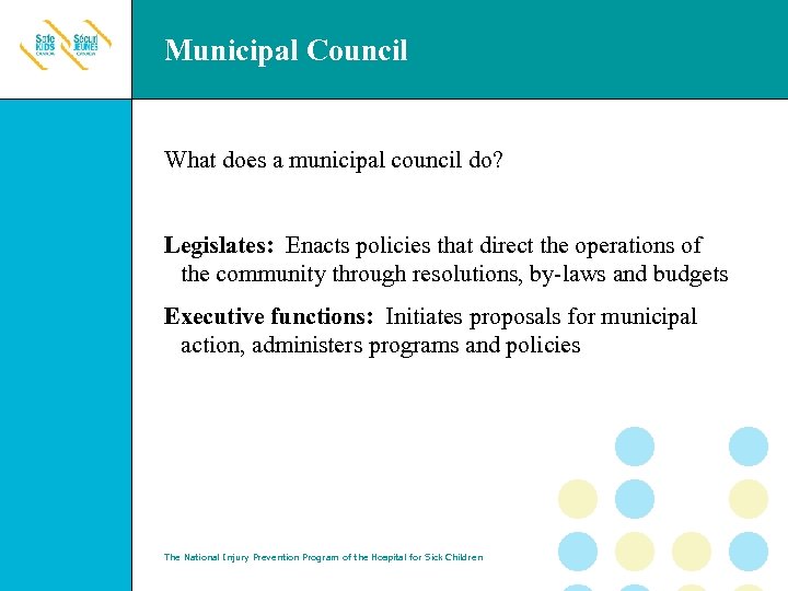 Municipal Council What does a municipal council do? Legislates: Enacts policies that direct the