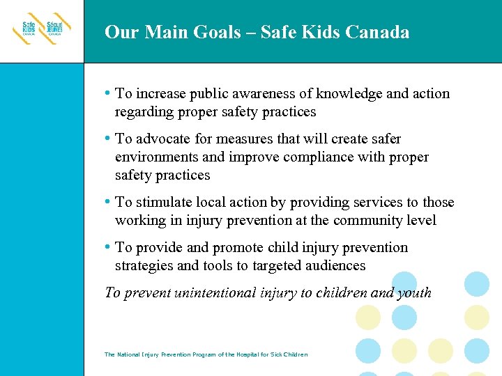 Our Main Goals – Safe Kids Canada • To increase public awareness of knowledge