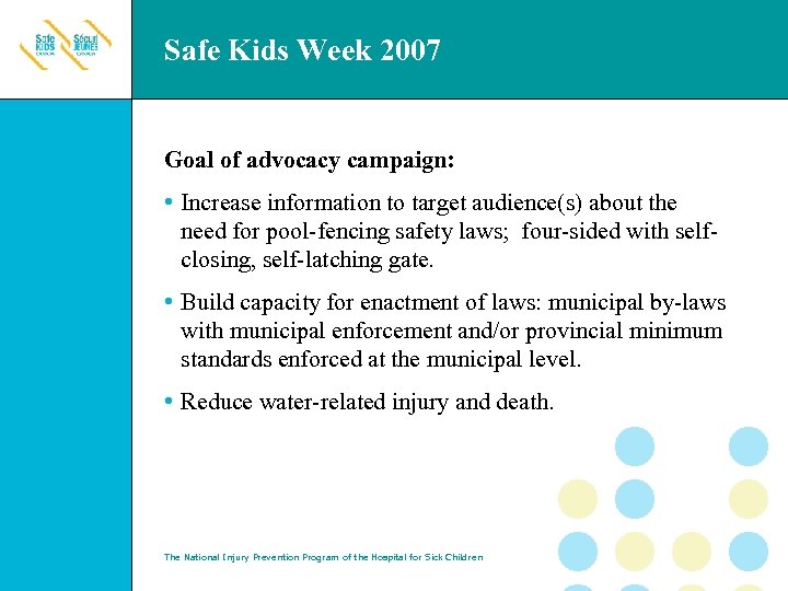 Safe Kids Week 2007 Goal of advocacy campaign: • Increase information to target audience(s)