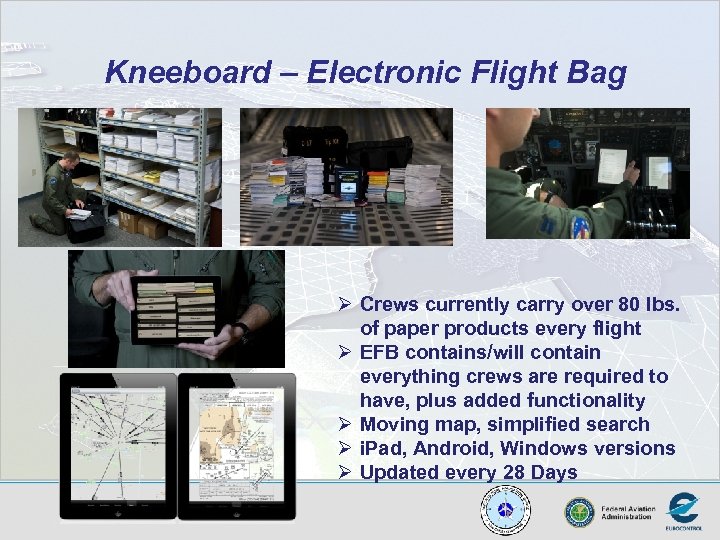 Kneeboard – Electronic Flight Bag Ø Crews currently carry over 80 lbs. of paper