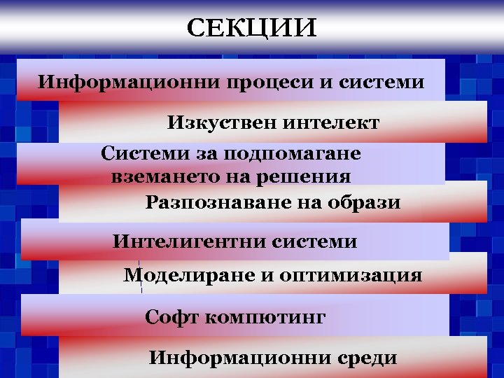 СЕКЦИИ Информационни процеси и системи Изкуствен интелект Системи за подпомагане вземането на решения Разпознаване