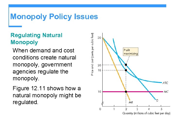 Monopoly Policy Issues Regulating Natural Monopoly When demand cost conditions create natural monopoly, government