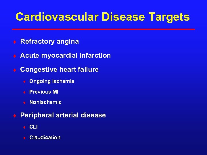 Cardiovascular Disease Targets ¨ Refractory angina ¨ Acute myocardial infarction ¨ Congestive heart failure