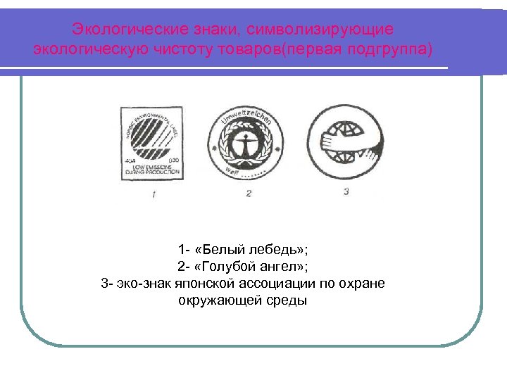 Экологические знаки, символизирующие экологическую чистоту товаров(первая подгруппа) 1 - «Белый лебедь» ; 2 -