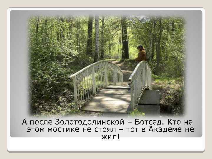 А после Золотодолинской – Ботсад. Кто на этом мостике не стоял – тот в