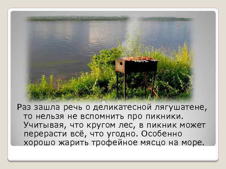 Раз зашла речь о деликатесной лягушатене, то нельзя не вспомнить про пикники. Учитывая, что