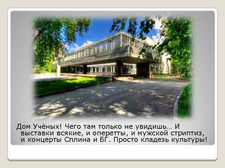 Дом Учёных! Чего там только не увидишь… И выставки всякие, и оперетты, и мужской
