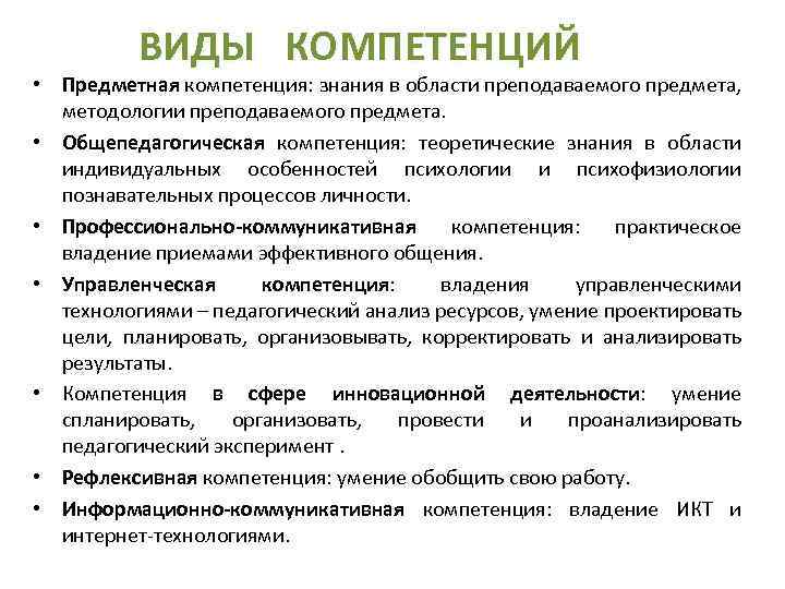 ВИДЫ КОМПЕТЕНЦИЙ • Предметная компетенция: знания в области преподаваемого предмета, методологии преподаваемого предмета. •