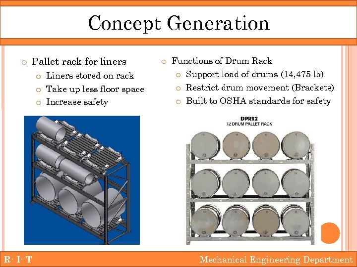 Concept Generation o Pallet rack for liners o Liners stored on rack o Take