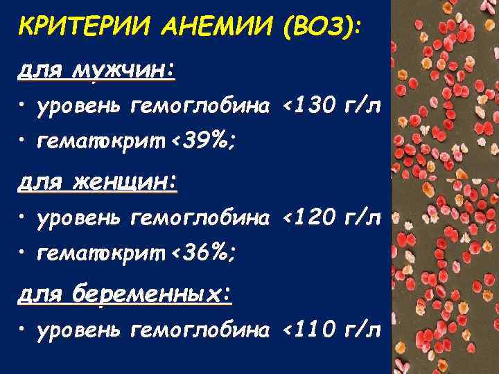 КРИТЕРИИ АНЕМИИ (ВОЗ): для мужчин: • уровень гемоглобина <130 г/л • гематокрит <39%; для