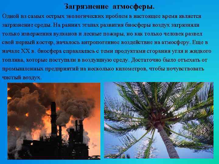Загрязнение атмосферы. Одной из самых острых экологических проблем в настоящее время является загрязнение среды.