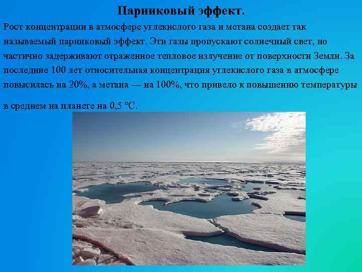 Парниковый эффект. Рост концентрации в атмосфере углекислого газа и метана создает так называемый парниковый
