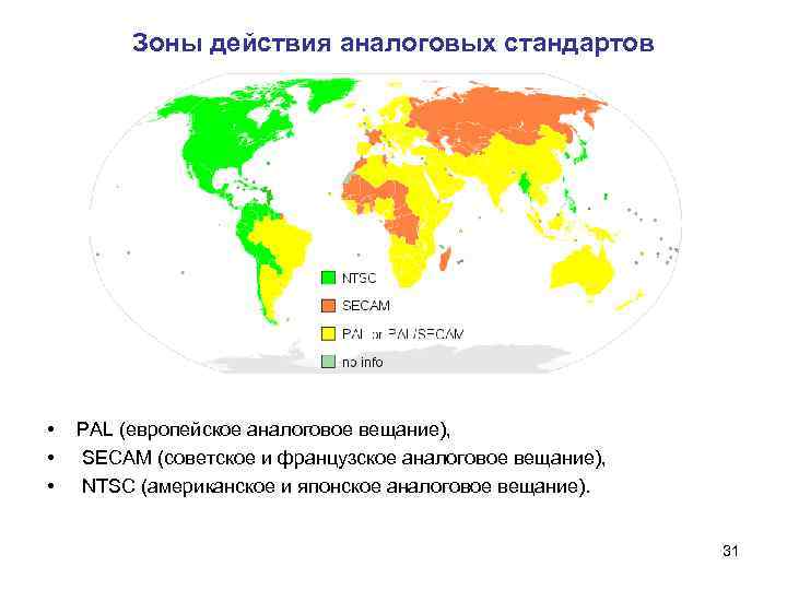 Зоны действия аналоговых стандартов • • • PAL (европейское аналоговое вещание), SECAM (советское и