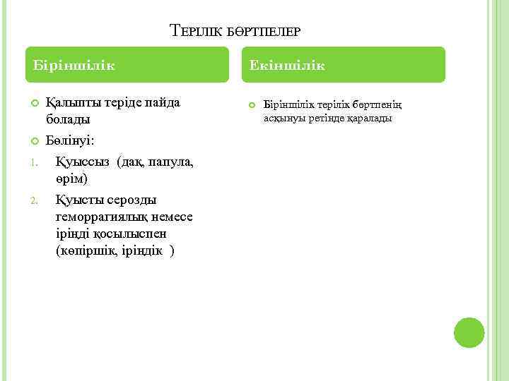 ТЕРІЛІК БӨРТПЕЛЕР Біріншілік 1. 2. Қалыпты теріде пайда болады Бөлінуі: Қуыссыз (дақ, папула, өрім)