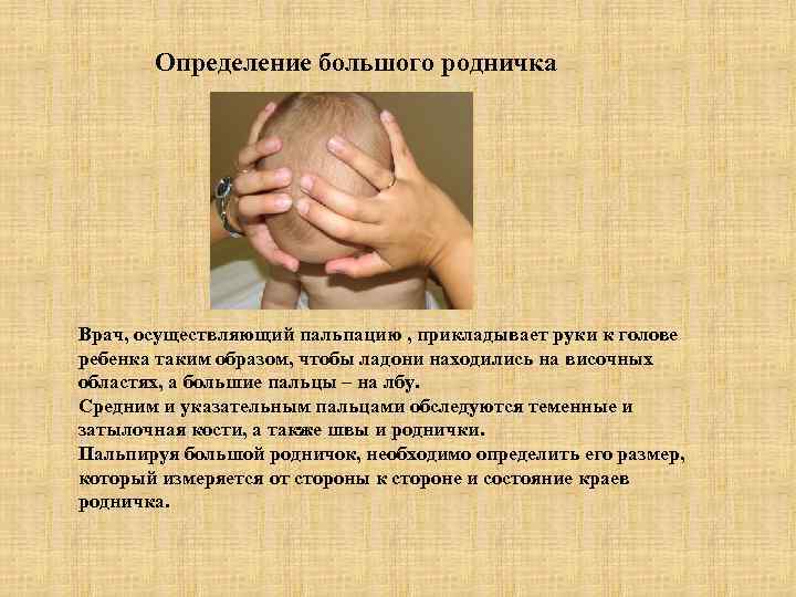 Определение большого родничка Врач, осуществляющий пальпацию , прикладывает руки к голове ребенка таким образом,