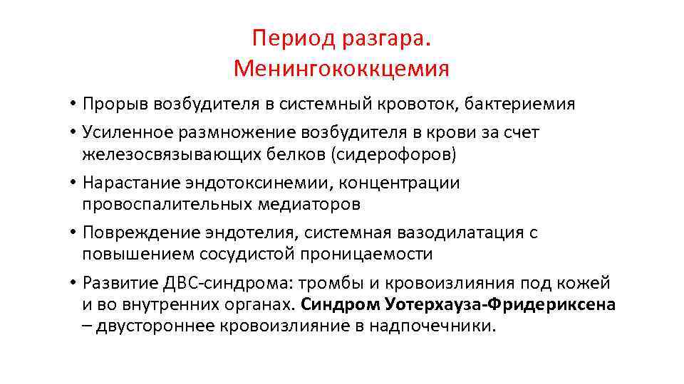 Период разгара. Менингококкцемия • Прорыв возбудителя в системный кровоток, бактериемия • Усиленное размножение возбудителя