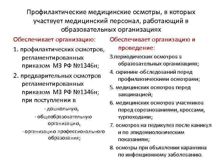 Профилактические медицинские осмотры, в которых участвует медицинский персонал, работающий в образовательных организациях Обеспечивает организацию:
