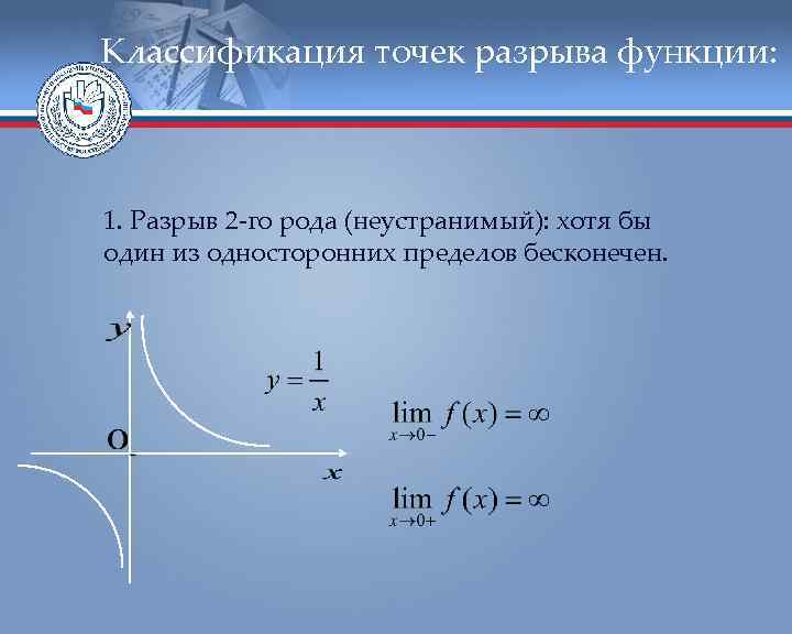 Классификация точек разрыва функции: 1. Разрыв 2 -го рода (неустранимый): хотя бы один из