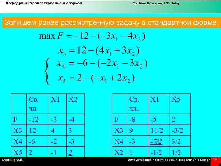Кафедра «Кораблестроение и сварка» -Maritime Education & Training Запишем ранее рассмотренную задачу в стандартной