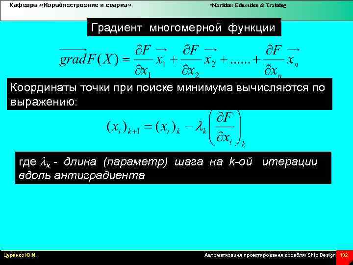 Кафедра «Кораблестроение и сварка» -Maritime Education & Training Градиент многомерной функции Координаты точки при