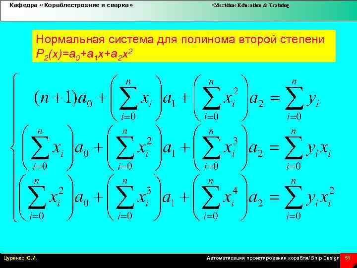 Кафедра «Кораблестроение и сварка» -Maritime Education & Training Нормальная система для полинома второй степени