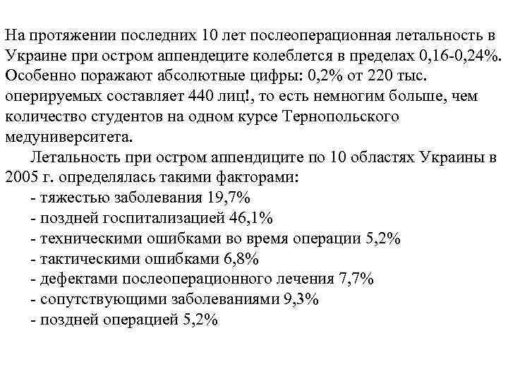 На протяжении последних 10 лет послеоперационная летальность в Украине при остром аппендеците колеблется в