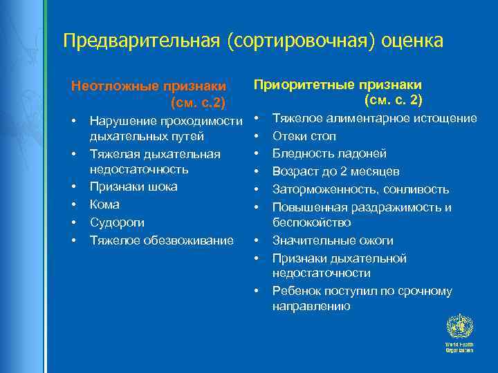 Предварительная (сортировочная) оценка Неотложные признаки (см. с. 2) Приоритетные признаки (см. с. 2) •