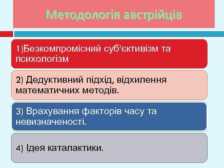 Методологія австрійців 1)Безкомпромісний суб’єктивізм та психологізм 2) Дедуктивний підхід, відхилення математичних методів. 3) Врахування