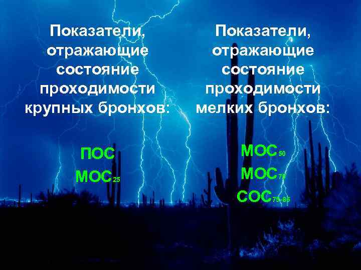 Показатели, отражающие состояние проходимости крупных бронхов: Показатели, отражающие состояние проходимости мелких бронхов: ПОС МОС