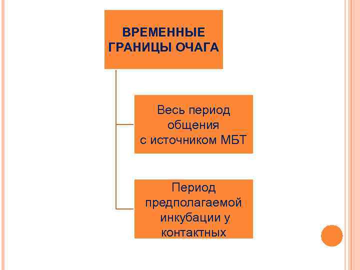ВРЕМЕННЫЕ ГРАНИЦЫ ОЧАГА Весь период общения с источником МБТ Период предполагаемой инкубации у контактных