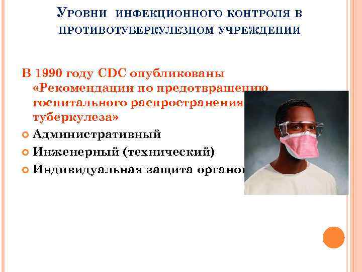 УРОВНИ ИНФЕКЦИОННОГО КОНТРОЛЯ В ПРОТИВОТУБЕРКУЛЕЗНОМ УЧРЕЖДЕНИИ В 1990 году CDC опубликованы «Рекомендации по предотвращению