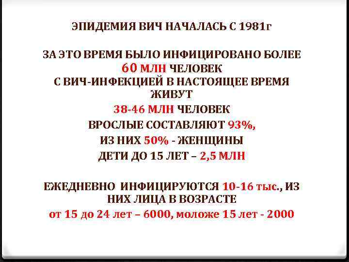 ЭПИДЕМИЯ ВИЧ НАЧАЛАСЬ С 1981 г ЗА ЭТО ВРЕМЯ БЫЛО ИНФИЦИРОВАНО БОЛЕЕ 60 МЛН