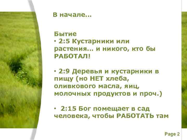 В начале… Бытие • 2: 5 Кустарники или растения… и никого, кто бы РАБОТАЛ!