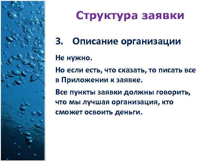 Структура заявки 3. Описание организации Не нужно. Но если есть, что сказать, то писать