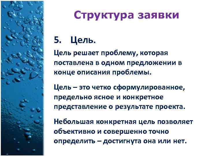 Структура заявки 5. Цель решает проблему, которая поставлена в одном предложении в конце описания