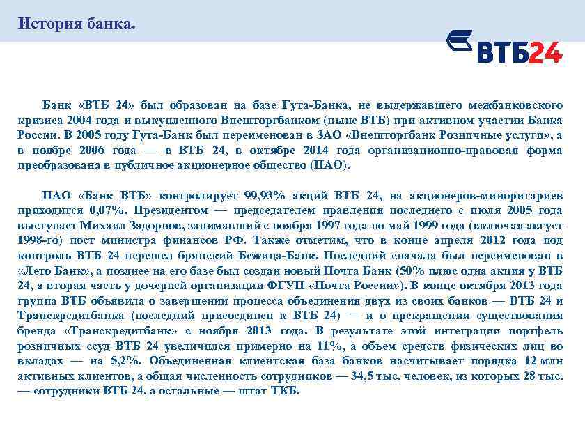 История банка. Банк «ВТБ 24» был образован на базе Гута-Банка, не выдержавшего межбанковского кризиса