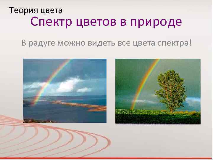 Теория цвета Спектр цветов в природе В радуге можно видеть все цвета спектра! 