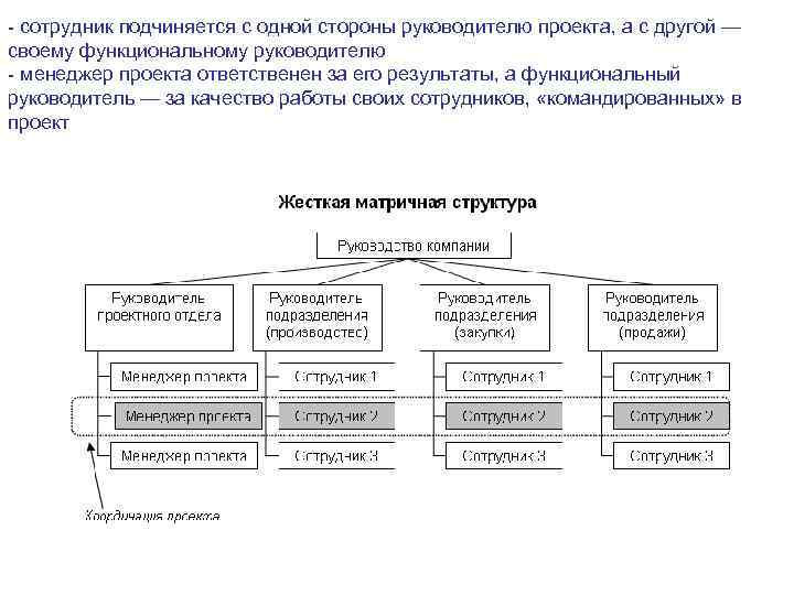 - сотрудник подчиняется с одной стороны руководителю проекта, а с другой — своему функциональному