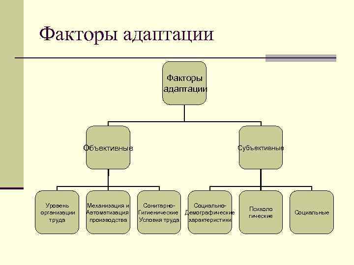 Факторы адаптации Объективные Уровень организации труда Механизация и Автоматизация производства Субъективные Сонитарно. Социально. Гигиенические