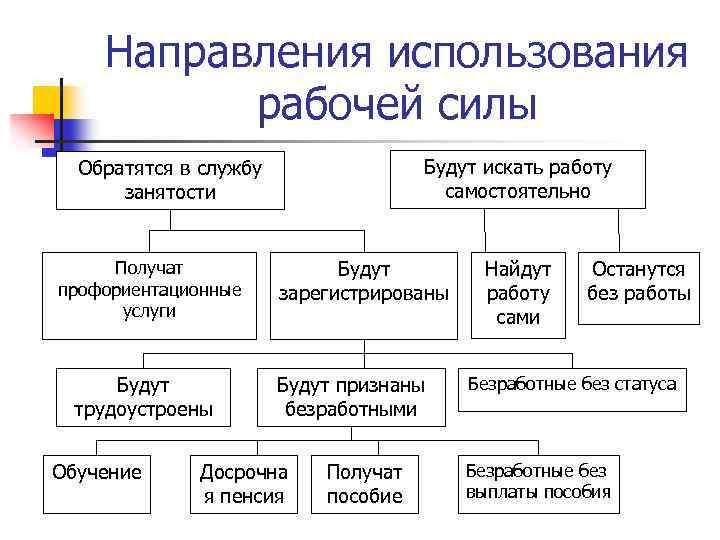 Направления использования рабочей силы Будут искать работу самостоятельно Обратятся в службу занятости Получат профориентационные