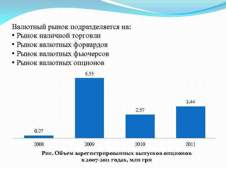 Валютный рынок подразделяется на: • Рынок наличной торговли • Рынок валютных форвардов • Рынок