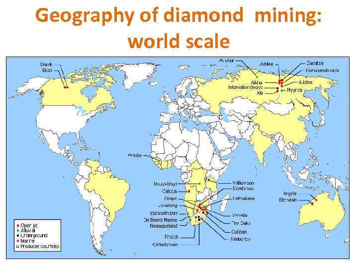 Geography of diamond mining: world scale 