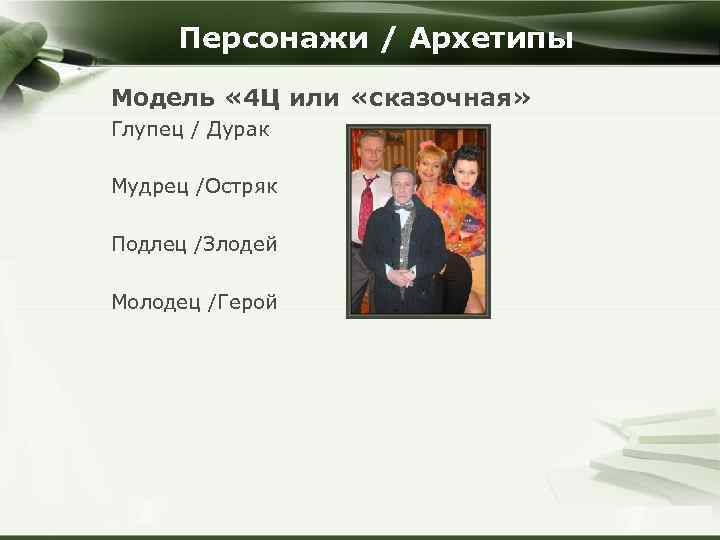 Персонажи / Архетипы Модель « 4 Ц или «сказочная» Глупец / Дурак Мудрец /Остряк