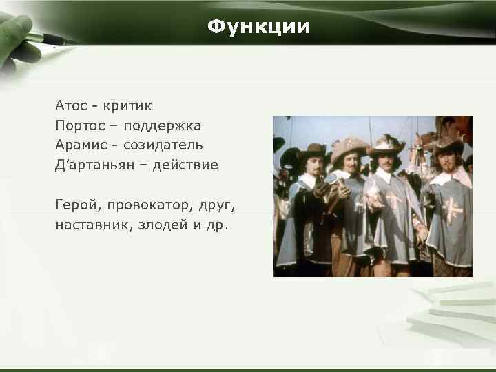 Функции Атос - критик Портос – поддержка Арамис - созидатель Д’артаньян – действие Герой,