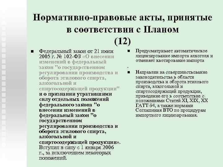 Нормативно-правовые акты, принятые в соответствии с Планом (12) n Федеральный закон от 21 июля